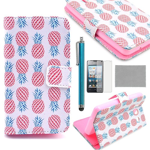 COCO FUN Pink Pineapple Pattern PU Leather Full Body Case with Screen Protector, Stylus and Stand for Huawei Y300