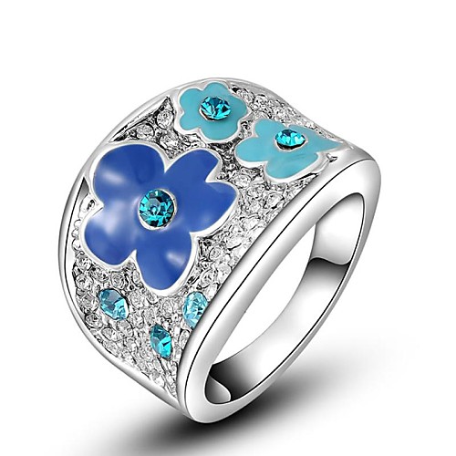 Christmas Gift Classic Genuine Austrian Crystals Rose/White Gold Plated Blue Flower Wintersweet Ring Jewelry