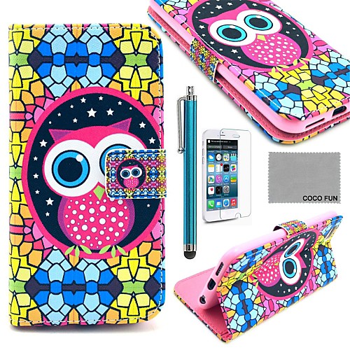 COCO FUN Novelty Owl Pattern PU Leather Full Body Case With Screen Protecter, Stand And Stylus for iPhone 6 6G 4.7