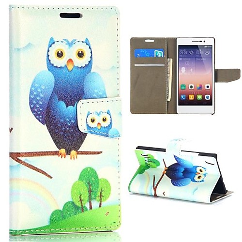 Owl on the Branch Pattern Wallet Style Magnetic Flip Stand PCPU Leather Case for Huawei Ascend P7