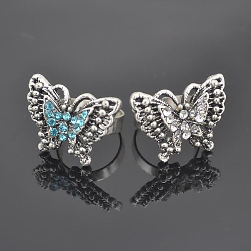 Toonykelly Fashionable Antique Silver Female Crystal Butterfly Adjustable Ring(1pcs)