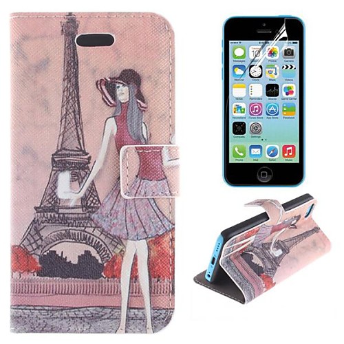 Eiffel Tower and The Girl Design PU Leather Full Body Cover with Stand and Protective Film for iPhone 5C