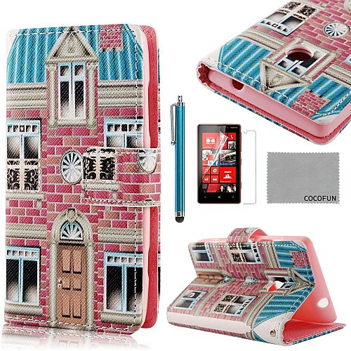 COCO FUN Lovely House Pattern PU Leather Full Body Case with Screen Protector, Stylus and Stand for Nokia Lumia N520