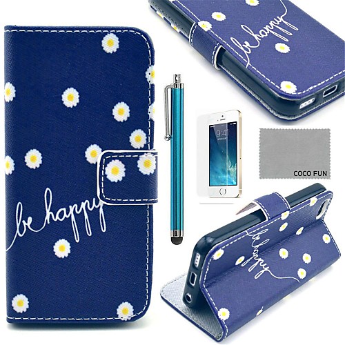 COCO FUN Daisy In Blue Pattern PU Leather Case with Screen Protector, Stand and Stylus for iPhone 5/5S