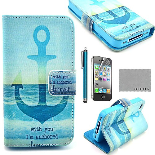 COCO FUN Anchor In Sea PU Leather Full Body Case with Screen Protector, Stand and Stylus for iPhone 4/4S