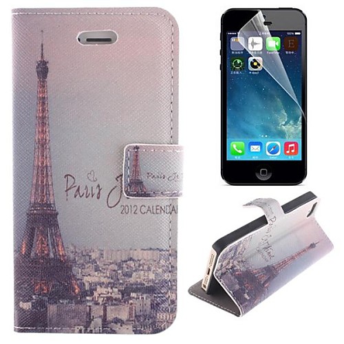 Eiffel Tower Pattern PU Leather Full Body Cover with Stand and Protective Film for iPhone 5/5S