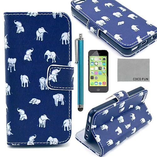 COCO FUN Blue Cute Elephant Pattern PU Leather Full Body Case with Screen Protector,Stylus and Stand for iPhone 5C