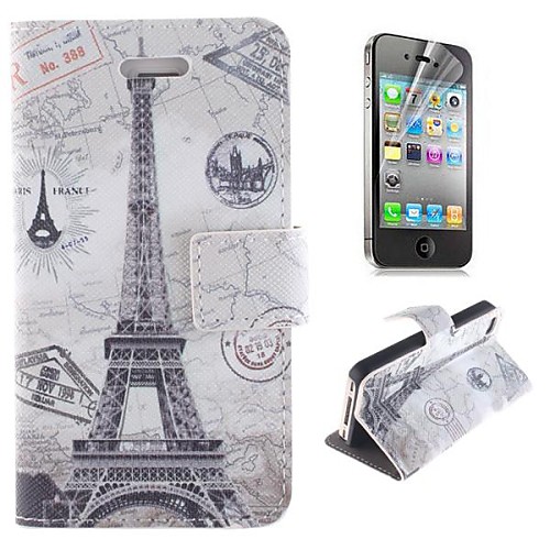 Eiffel Tower and The Map Design PU Leather Full Body Cover with Stand and Protective Film for iPhone 4/4S