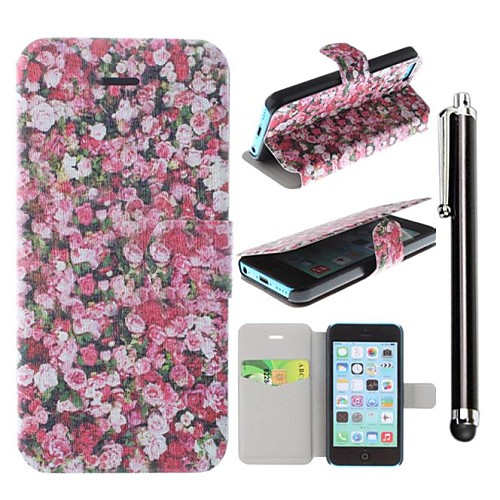 Red Rose Pattern PU Leather Full Body Case with Stand and A Stylus Touch Pen for iPhone 5C