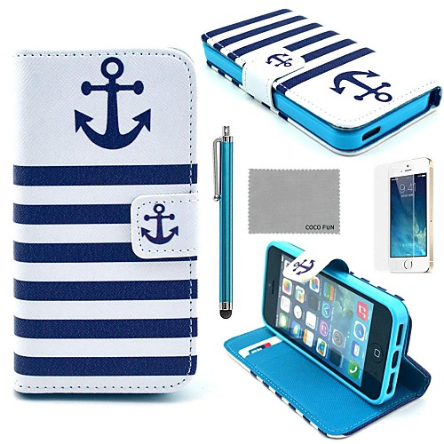 COCO FUN Navy Blue Anchor Pattern PU Leather Full Body Case with Film, Stand and Stylus for iPhone 5/5S