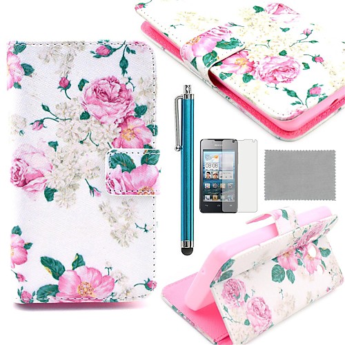 COCO FUN Rose Flower Pattern PU Leather Full Body Case with Screen Protector, Stylus and Stand for Huawei Y300