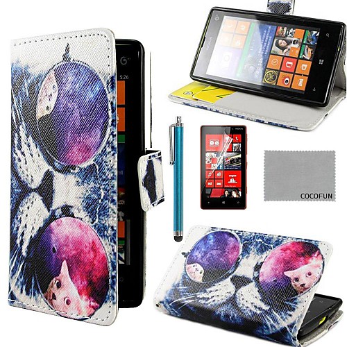 COCO FUN Glasses Cat Pattern PU Leather Full Body Case with Screen Protector, Stylus and Stand for Nokia Lumia N520