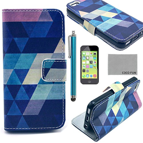 COCO FUN Blue Puzzle Pattern PU Leather Full Body Case with Screen Protector,Stylus and Stand for iPhone 5C