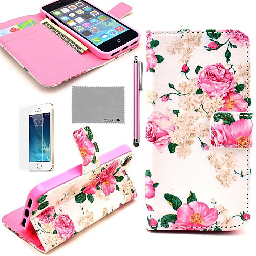 COCO FUN Rose Flower Pattern PU Leather Full Body Case with Film, Stand and Stylus for iPhone 5/5S