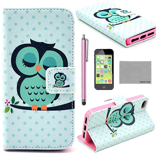 COCO FUN Sleeping Owl Pattern PU Leather Full Body Case with Screen Protector,Stylus and Stand for iPhone 5C