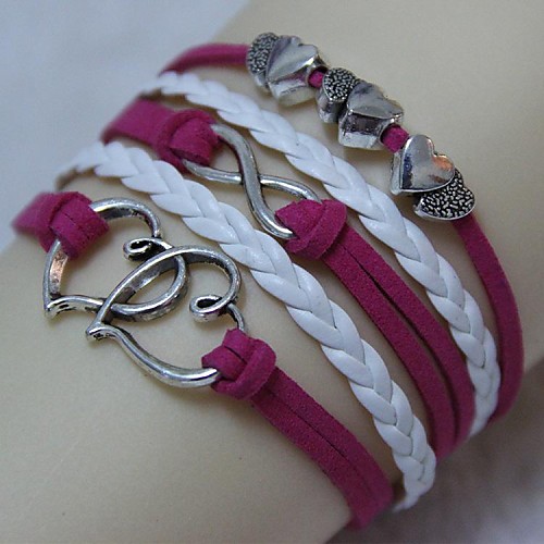 Vintage Antique Silver Double Heart 8 18cm Unisex  Leather Wrap Bracelet(1 Pc)