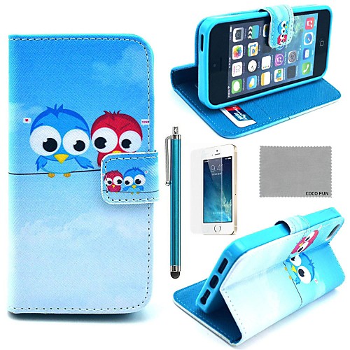 COCO FUN Cute lovely Owl Pattern PU Leather Full Body Case with Film, Stand and Stylus for iPhone 5/5S