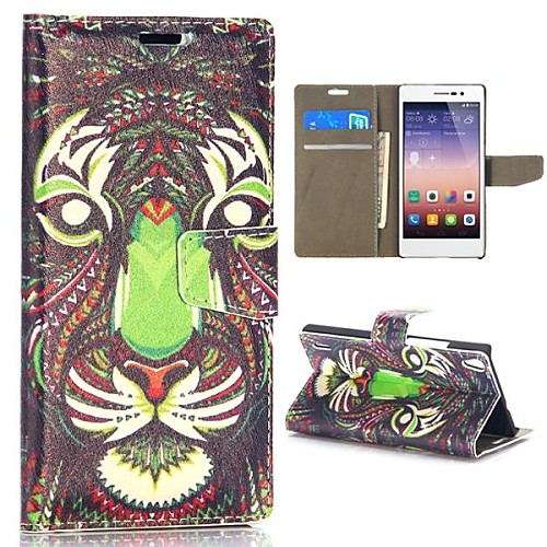 Tribal Style Tiger Pattern Wallet Style Magnetic Flip Stand PCPU Leather Case for Huawei Ascend P7