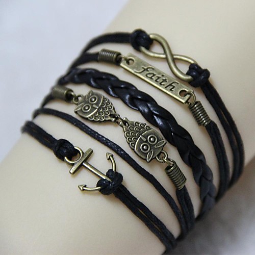 Vintage Owl anchor belief 8 18cm Unisex  Leather Wrap Bracelet(1 Pc)