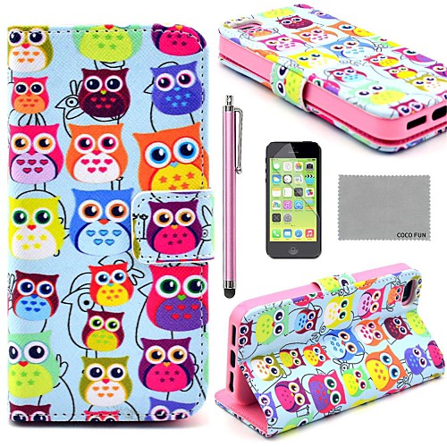 COCO FUN Cute Owl Pattern PU Leather Full Body Case with Screen Protector,Stylus and Stand for iPhone 5C