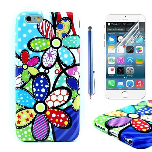 Color Flower Pattern TPU Soft Cover with Protective Film and Stylus for iPhone 6