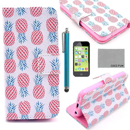 COCO FUN Pink Pineapple Pattern PU Leather Full Body Case with Screen Protector,Stylus and Stand for iPhone 5C