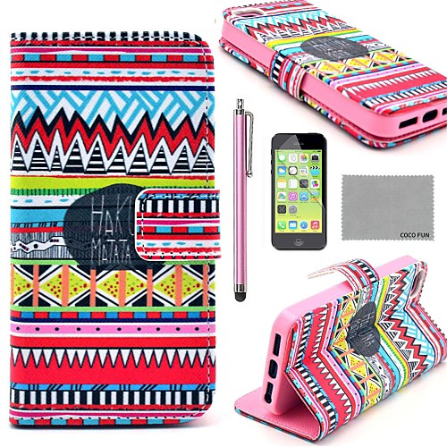 COCO FUN Red Tribal Carpet Pattern PU Leather Full Body Case with Screen Protector,Stylus and Stand for iPhone 5C