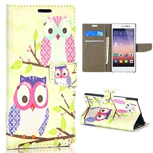 Two Cute Owls Pattern Wallet Style Magnetic Flip Stand PCPU Leather Case for Huawei Ascend P7