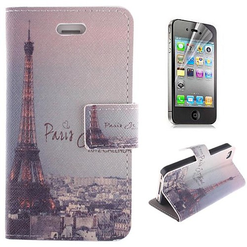 Eiffel Tower Pattern PU Leather Full Body Cover with Stand and Protective Film for iPhone 4/4S