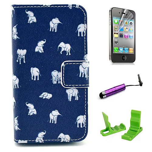 Elephant Carpet Pattern PU Leather Case with Screen Protector and Stylus for iPhone 4/4S