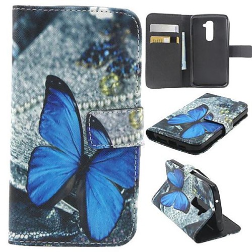 Blue Butterfly Pattern PU Leather Cover with Stand and Card Slot for LG G2