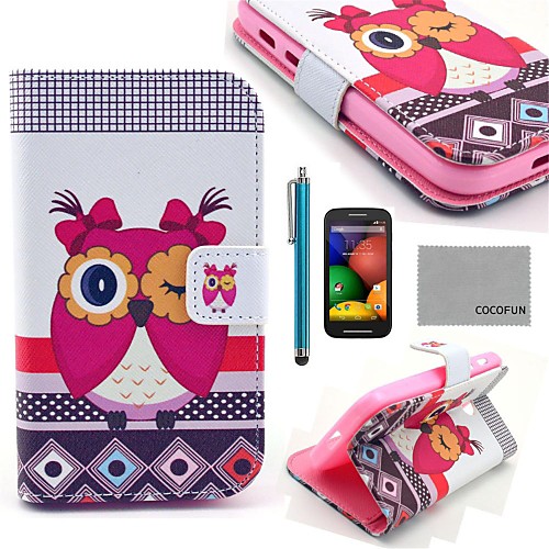 COCO FUN Pink Cute Owl Pattern PU Leather Full Body Case with Screen Protector, Stylus and Stand for Motorala Moto E