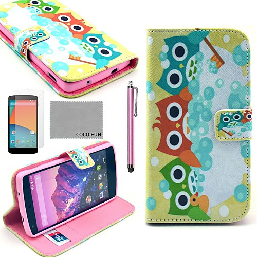 COCO FUN Shower Owl Pattern PU Leather Full Body Case with Screen Protector, Stylus and Stand for LG Google Nexus 5