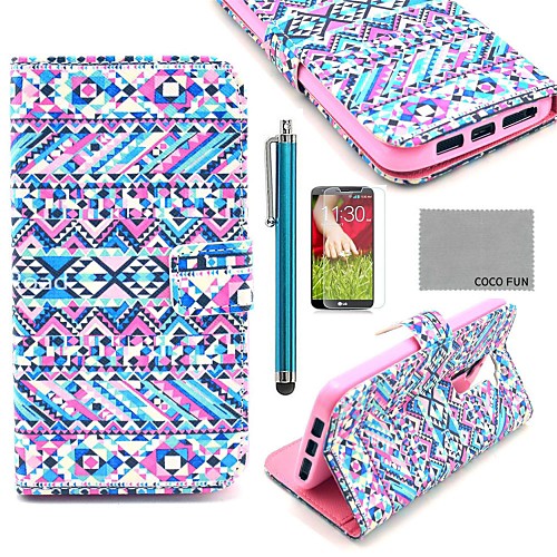 COCO FUN Purple Tribal Carpet Pattern PU Leather Full Body Case with Screen Protector, Stylus and Stand for LG G2