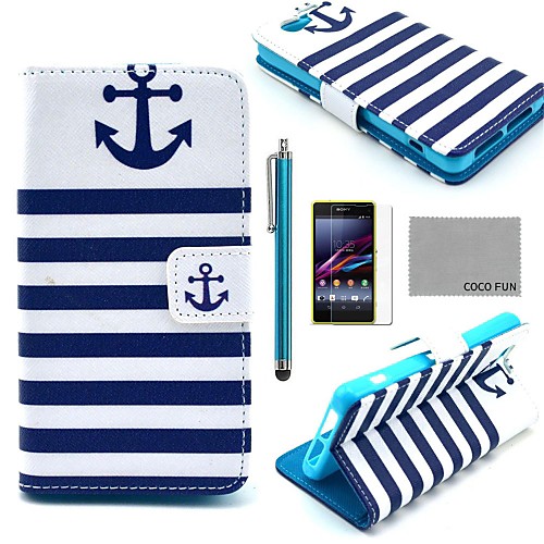 COCO FUN Navy Blue Anchor Pattern PU Leather Case with Film and Stylus for Sony Xperia Z1 mini Compact D5503