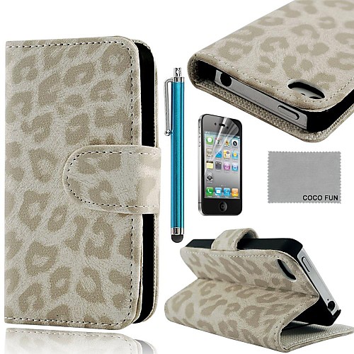 COCO FUN White Leopard PU Leather Full Body Case with Screen Protector, Stand and Stylus for iPhone 4/4S