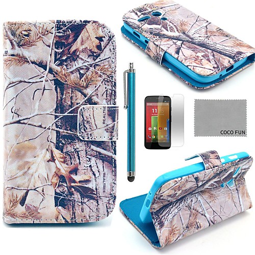 COCO FUN Grey Branch Pattern PU Leather Full Body Case with Screen Protector, Stylus and Stand for Motorala Moto G