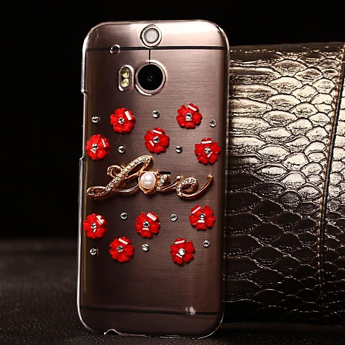 DIY Red Flowers with Rhinestones Pattern Plastic Hard Case for HTC One M8