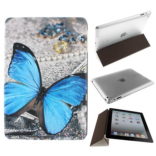 The Blue Butterfly Three Folds Pattern PU Leather Clever Cover Thin Transparent Hard Plastic Shell for iPad 2/3/4