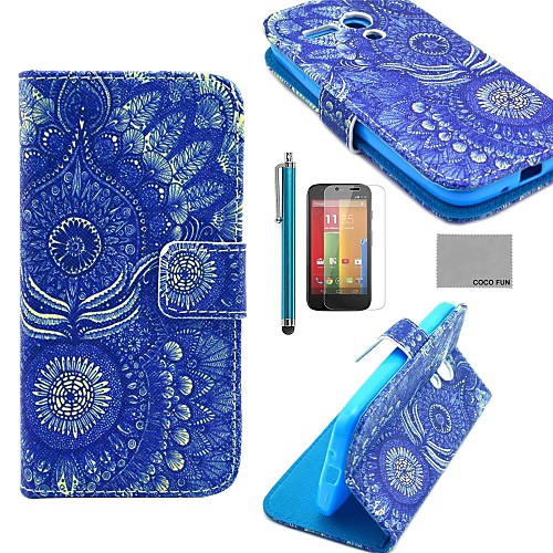 COCO FUN Blue Tribal Pattern PU Leather Full Body Case with Screen Protector and Stylus for Motorala Moto G