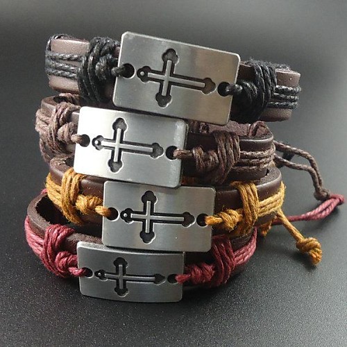 Four Colors Hemp Rope Cross Charm Leather Bracelet