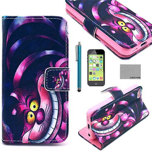 COCO FUN Purple Carton Cat Pattern PU Leather Full Body Case with Screen Protector,Stylus and Stand for iPhone 5C