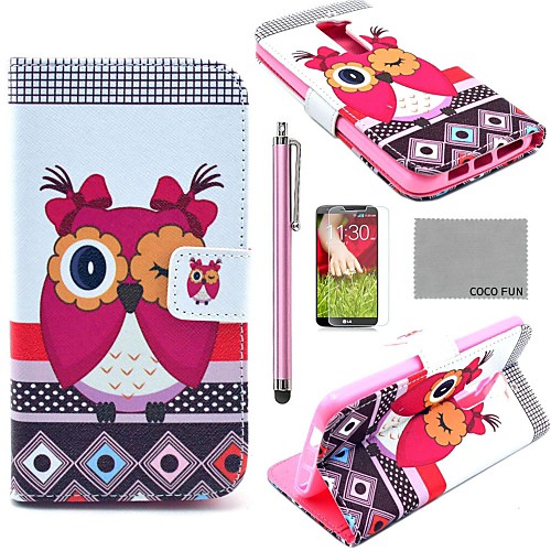 COCO FUN Pink Cute Owl Pattern PU Leather Full Body Case with Screen Protector, Stylus and Stand for LG G2