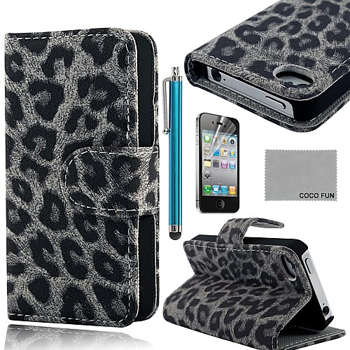 COCO FUN Grey Leopard PU Leather Full Body Case with Screen Protector, Stand and Stylus for iPhone 4/4S