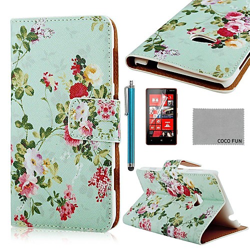 COCO FUN Flower Green Pattern PU Leather Full Body Case with Screen Protector, Stylus and Stand for Nokia Lumia N625