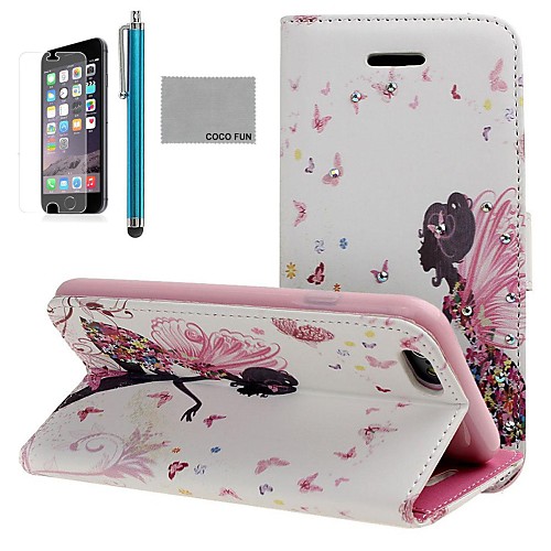 COCO FUN Butterfly Girl Pattern PU Leather Full Body Case for iPhone 6 6G 4.7 with Screen Protecter, Stand and Stylus