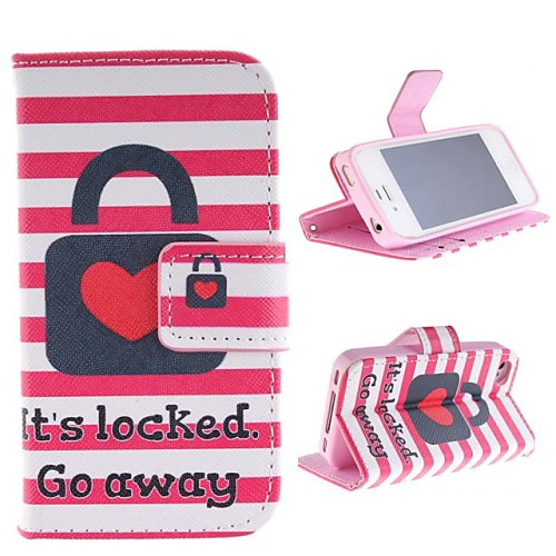 Red Heart Lock Design PU Leather Case with Card Slot and Stand for iPhone 4s