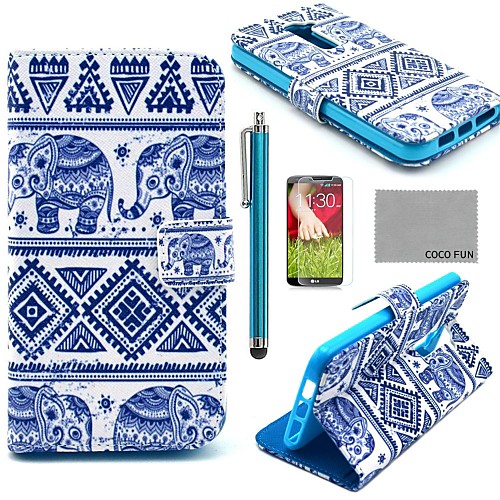 COCO FUN Blue Elephant Pattern PU Leather Full Body Case with Screen Protector, Stylus and Stand for LG G2