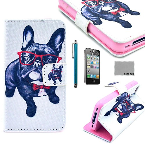 COCO FUN Glasses Dog Pattern PU Leather Full Body Case with Screen Protector, Stand and Stylus for iPhone 4/4S