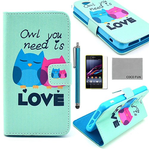 COCO FUN Fall in Love Owl Pattern PU Leather Case with Film and Stylus for Sony Xperia Z1 mini Compact D5503